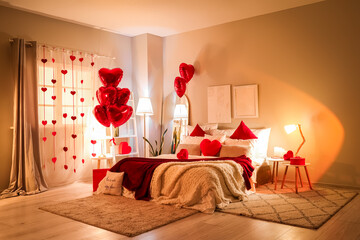 Interior of bedroom decorated for Valentine's Day with balloons, gifts and glowing lamps