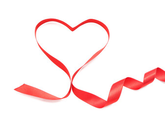 Heart made of red satin ribbon on white background. Valentine's Day concept