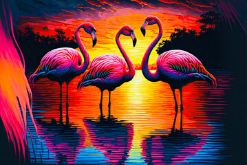 Three flamingos, painting. Generative AI