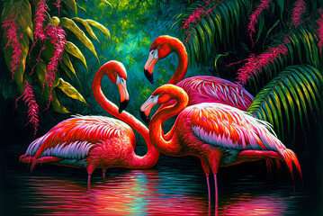 Three flamingos, painting. Generative AI - obrazy, fototapety, plakaty