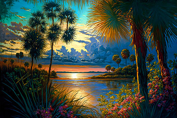 Florida wetlands, sunset, painting. Generative AI