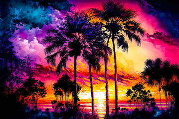 Fototapeta na wymiar Florida sunset, palm trees, silhouette, watercolor painting. Generative AI