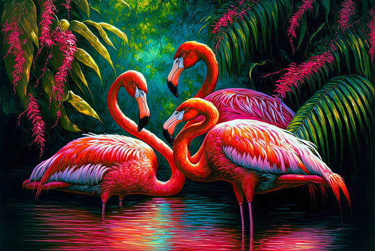 Three flamingos, painting. Generative AI