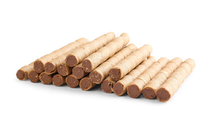 Heap of tasty wafer rolls with boiled condensed milk isolated on white background