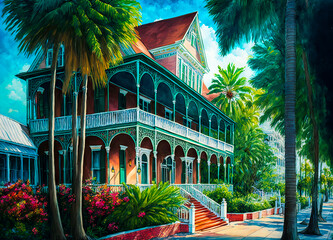 Key West, Florida, house, watercolor painting. Generative AI