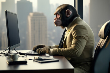 Affe im Business- Anzug, sitzt im B&uuml;ro vor dem Computer. Das B&uuml;ro hat eine fantastische Aussicht auf eine Gro&szlig;stadt.