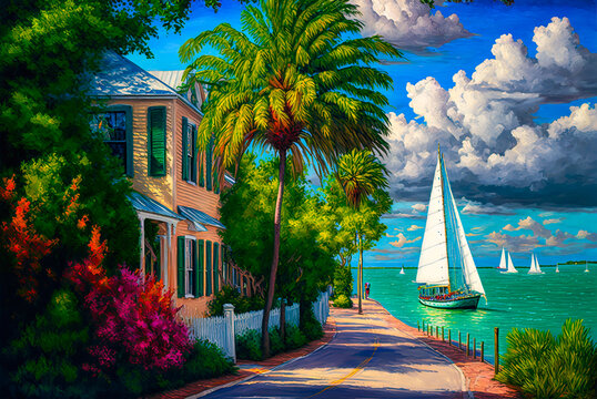 Key West, Florida, sailboat, street, painting. Generative AI
