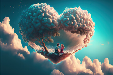 valentine's day, couple in love between a giant heart arrangement. decoration of flowers and hearts. beautiful clouds