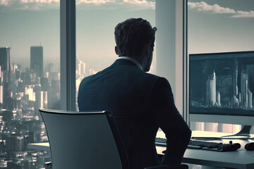 Mann im Business- Anzug arbeitet im Büro vor dem Computer. Das Büro hat eine fantastische Aussicht auf eine Großstadt.