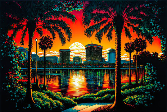 Orlando, Florida, Sunset, Painting. Generative AI