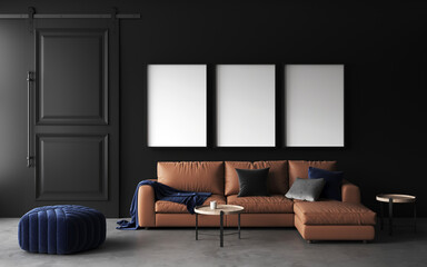3d rendering of modern living room with leather brown sofa, coffee table, black barn door, decorative pillows. Empty white frame for art on wall. Frame mockup. 3d rendering