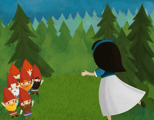 cartoon princess in forest near some dwarfs illustration