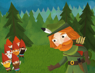 cartoon prince in the forest near some dwarfs illustration