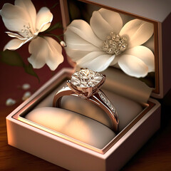 Gold wedding ring with diamond in vintage velvet ring box on beige background.