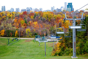 High angle view of a urban ski & snowboard centre with autumn leaf color, Ontario, Canada