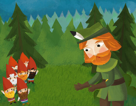 cartoon prince in the forest near some dwarfs illustration