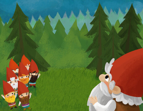 cartoon scene with dwarfs in the forest illustration