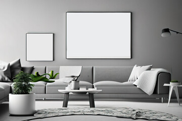 Two black posters mock up with black frame on the wall in living room interior; sofa; coffee table and floor lamp.