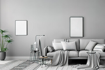 Two black vertical posters mock up frame on the wall in living room interior; sofa; coffee table and floor lamp.