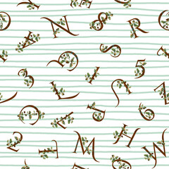 Numbers and letters on striped background. Watercolor seamless pattern. Shabby chic floral monograms on ruled paper. For textile, wrapping paper, scrapbooking, stationery and packaging design