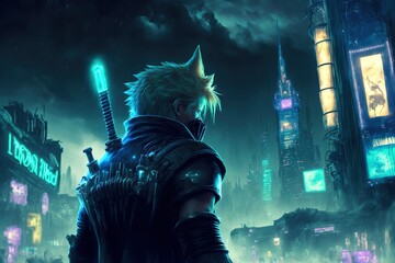 A fantasy anime character warrior in front of a futuristic cyberpunk style city at night with blueish light, generative ai
