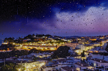 Raindrops on window glass. Selective focus, 3D illustration