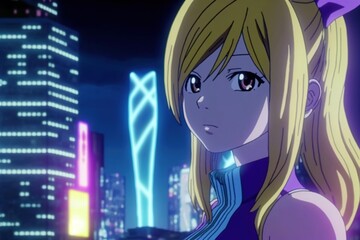 An anime style with a bright neon light skyline of a futuristic city at night in the background, copyspace, generative ai