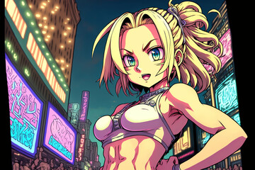 Obraz na płótnie Canvas A beautiful manga girl with a six pack standing in a bright Tokyo style city at night, wearing a bra, generative ai
