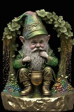 Adorable Little Leprechaun under a Rainbow, Machine Learning AI Image of a Cute Leprechaun surrounded by Lucky Clovers on St. Patrick's Day