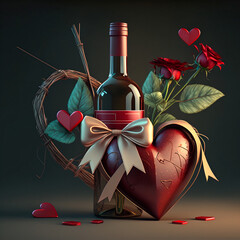 Composición para día de San Valentín, copa de vino tinto, chocolate y amor