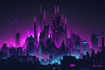 Realistic Cyberpunk City Skyline with Purple and Cyan Neon lights, Generative AI