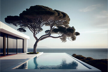 Modern and luxury residential villa. Beautiful architecture with swimming pool, a tree and sea view. Generative AI illustration