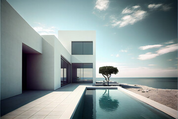 Beautiful residential villa. Beautiful architecture with swimming pool, a tree and sea view. Generative AI illustration