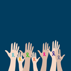Vector illustration hands raised with colorful ribbons for world cancer day, on a blue background