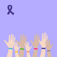 Vector illustration hands raised with colorful ribbons for world cancer day, on a purple background