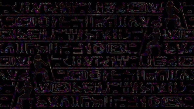 Egyptian Ancient Symbols Glowing Wallpaintings 4k trippy vj loop Moving Hieroglyphs 3d Abstract Texture Psychedelic Backdrop Pattern