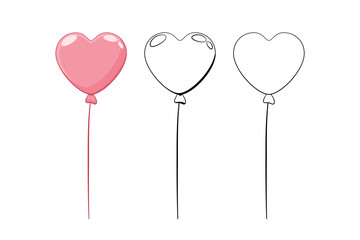 Balon w kształcie serca, wypełniony helem w trzech różnych wersjach. Różowy balon, w stylu komiksowym oraz obrys. - obrazy, fototapety, plakaty