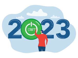 Start up company Goals for the year 2023 ,businessman pushing start button to start up new business in 2023 vector illustrator