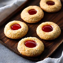 thumbprint cookies on a wood tray