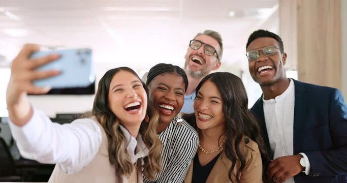 Office selfie, business people and smile for success, motivation and team building for workplace solidarity. Happy corporate group, smartphone and friends in picture for social media in San Francisco