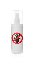 Bottle of lice spray on white background