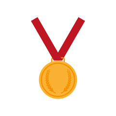 Golden medal red ribbon. Award prize, win award. Vector illustration.