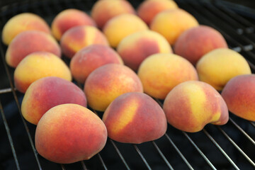 Modern grill with tasty juicy peaches, closeup