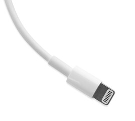 USB lightning cable isolated on white, top view. Modern technology