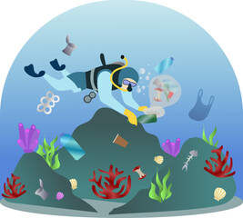 man collecting garbage, plastic, and bottle under the sea, Scuba diver cleaning sea ocean water from trash vector illustration, cleaning sea diving concept, Pollution of Sea, Ocean