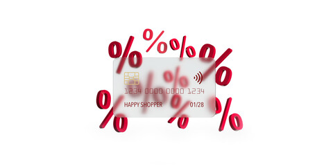 Obraz na płótnie Canvas Credit card earning percentage points. Blank plastic cash 3D render illustration. Front view mockup template design on white background, copy space. Mobile wallet with contactless symbol.Clipping Path