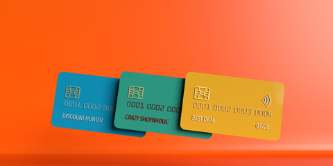 3D blank plastic credit card illustration. Discount Hunter, Crazy Shopaholic and Best Deal slogan Card Holder. Front view mockup template design on orange background, copy space. Clipping Path