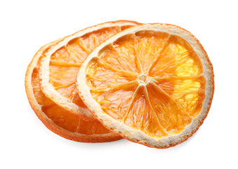 Delicious dry orange slices on white background