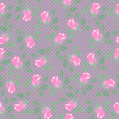 
Seamless pattern with pink roses vector and leaves, background polka dots, easy to change color. for Fabric print, wrapping paper, wallpaper