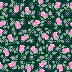 
Seamless pattern with pink roses vector and leaves, background polka dots, easy to change color. for Fabric print, wrapping paper, wallpaper